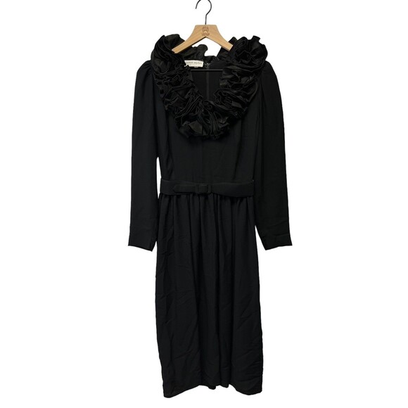 STUNNING Vintage Morton Myles Black Ruffle Neckline Belted Dress Size 12 - Picture 2 of 16